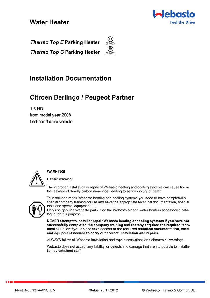 Water Heater Installation Documentation Citroen Berlingo / Peugeot Partner Thermo Top E | Manualzz