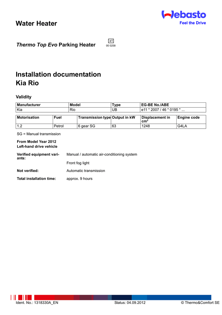 Water Heater Installation Documentation Kia Rio Thermo Top Evo Manualzz