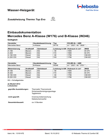 Wasser Heizgerat Einbaudokumentation Mercedes Benz A Klasse W176 Und B Klasse W246 Thermo Top Evo Manualzz