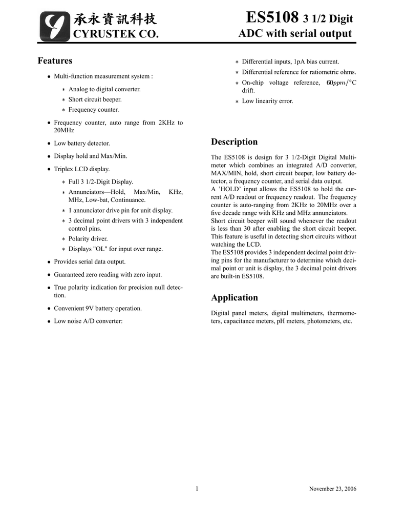 Es5108 3 1 2 Digit Adc With Serial Output Cyrustek Co Manualzz
