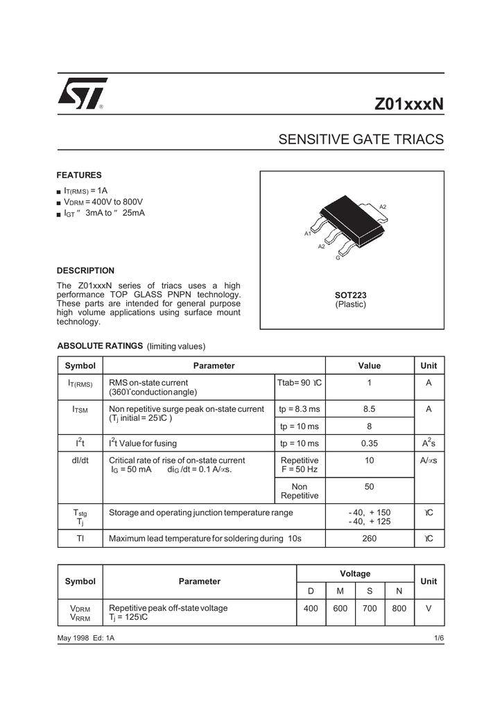 Z01xxxN SENSITIVE GATE TRIACS | Manualzz