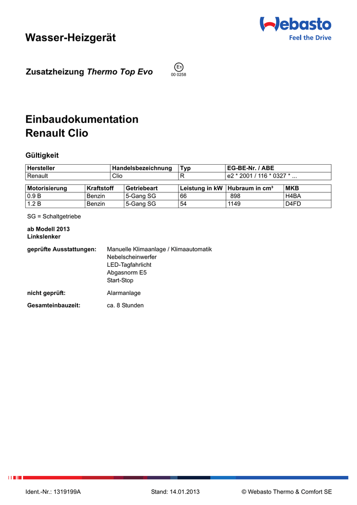 Wasser Heizgerat Einbaudokumentation Renault Clio Thermo Top Evo Manualzz