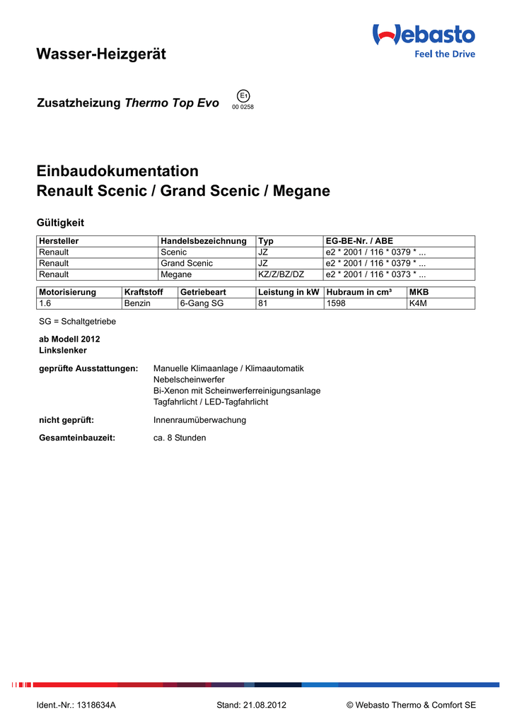 Wasser Heizgerat Einbaudokumentation Renault Scenic Grand Scenic Megane Thermo Top Evo Manualzz