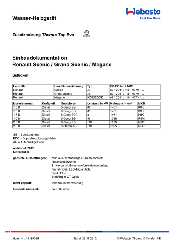 Wasser Heizgerat Einbaudokumentation Renault Scenic Grand Scenic Megane Thermo Top Evo Manualzz