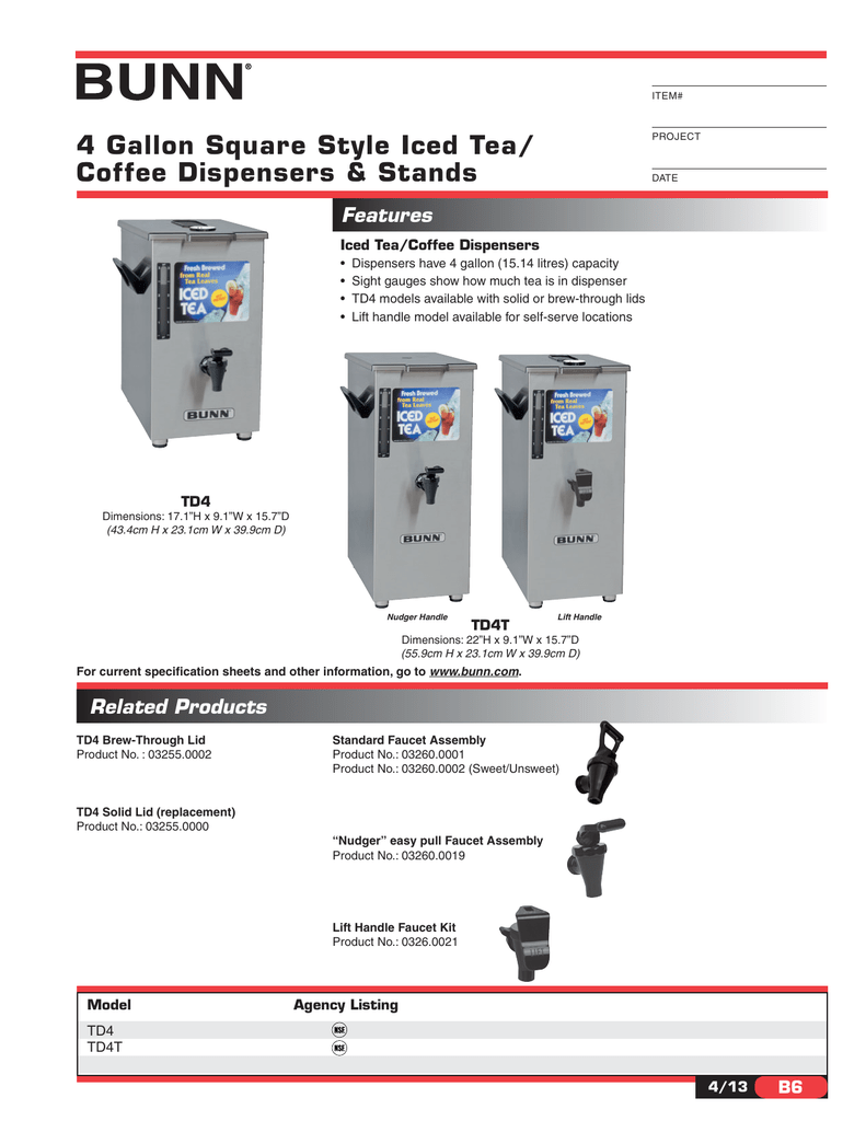 BUNN TD4 Square Iced Tea Dispenser w/ Sweet, Unsweet Handle