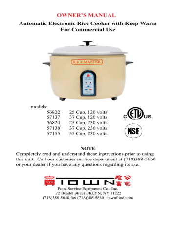 Town Food 57130 30 Cup Elec.rice Cooker/Warmer.120v