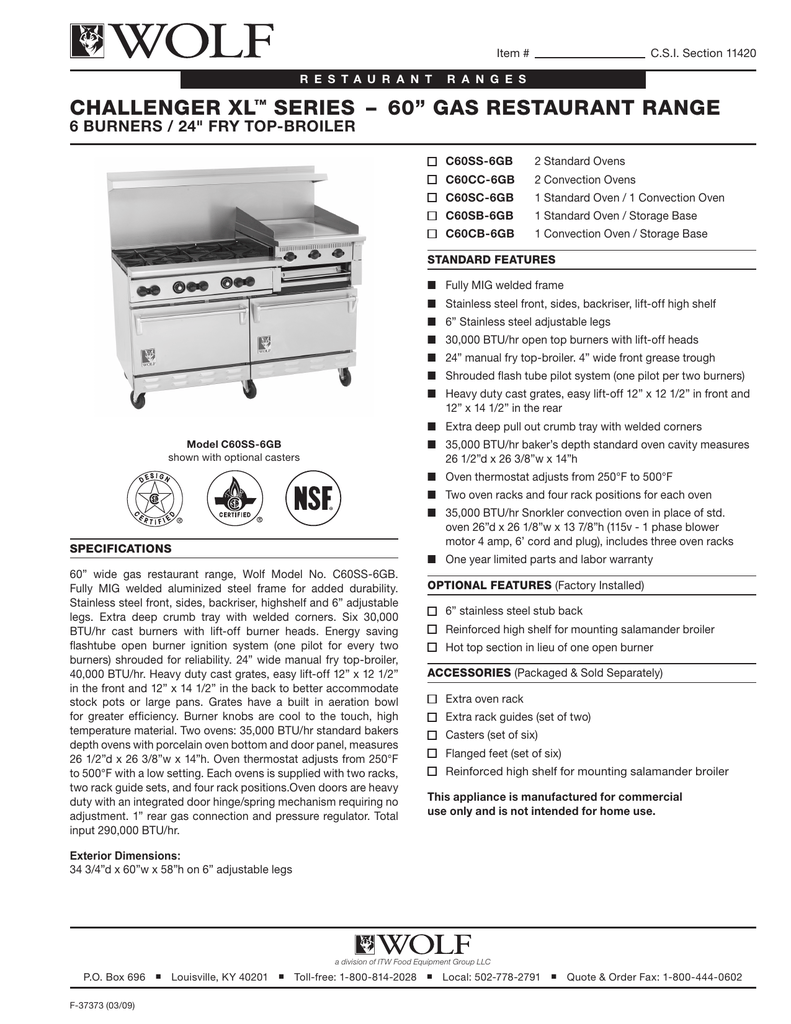 Wolf C60SC-6B24GN Challenger XL Series Natural Gas 60 Manual