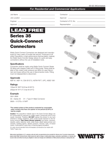 Watts Series 35 Quick-Connect Connectors Specification Sheet | Manualzz