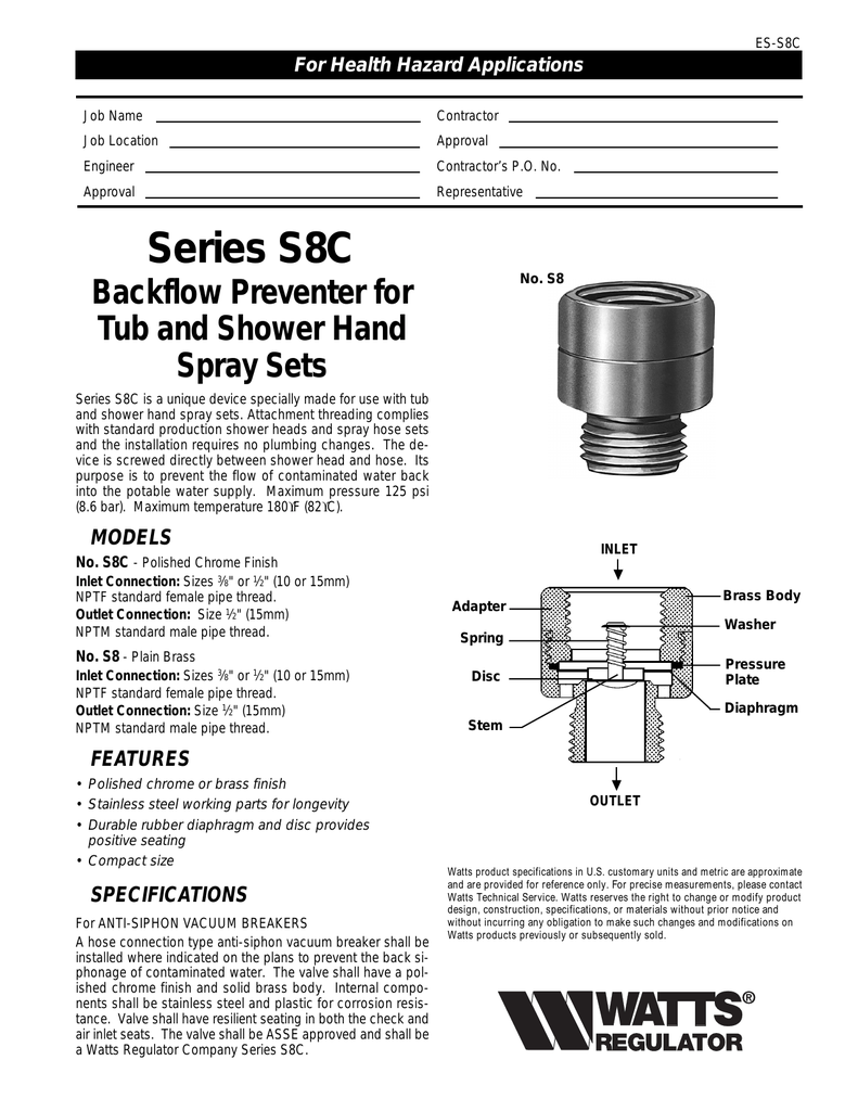 Series S8C Backflow Preventer for Tub and Shower Hand Spray Sets Manualzz