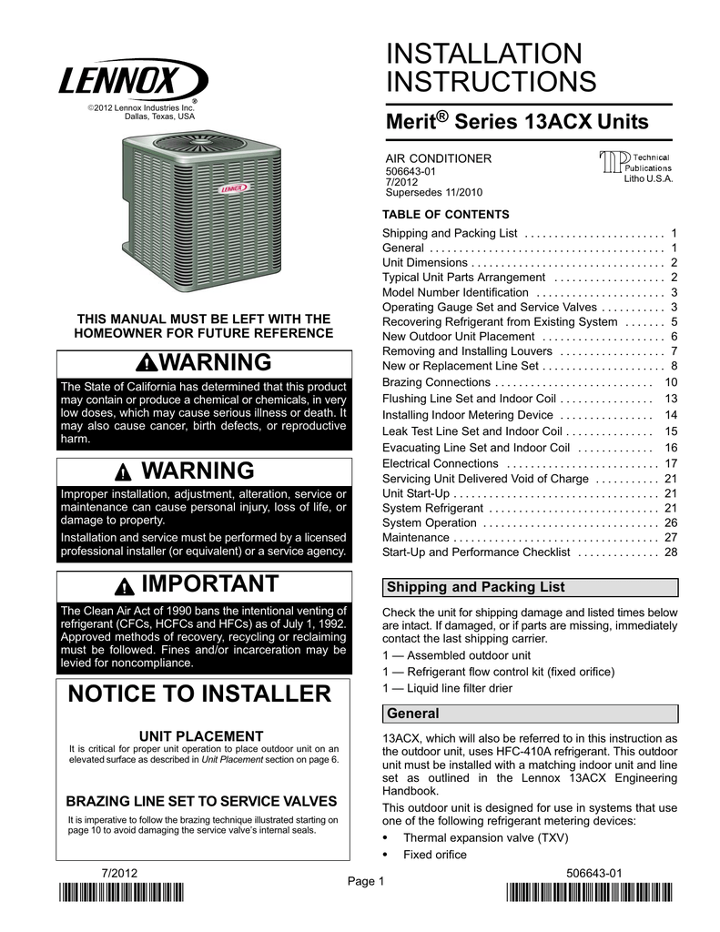 INSTALLATION INSTRUCTIONS Merit Series 13ACX | Manualzz