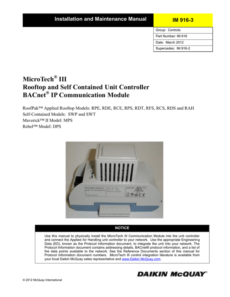 MicroTech III Rooftop and Self Contained Unit Controller BACnet | Manualzz