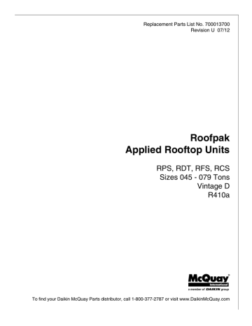 Roofpak Applied Rooftop Units RPS, RDT, RFS, RCS Sizes 045 - 079 Tons