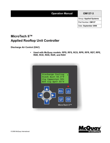 McQuay Rooftop Unit Controller MicroTech II Operation Manual | Manualzz