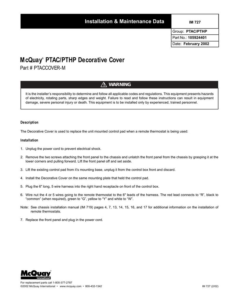 Mcquay Ptac Pthp Decorative Cover Installation Amp Maintenance