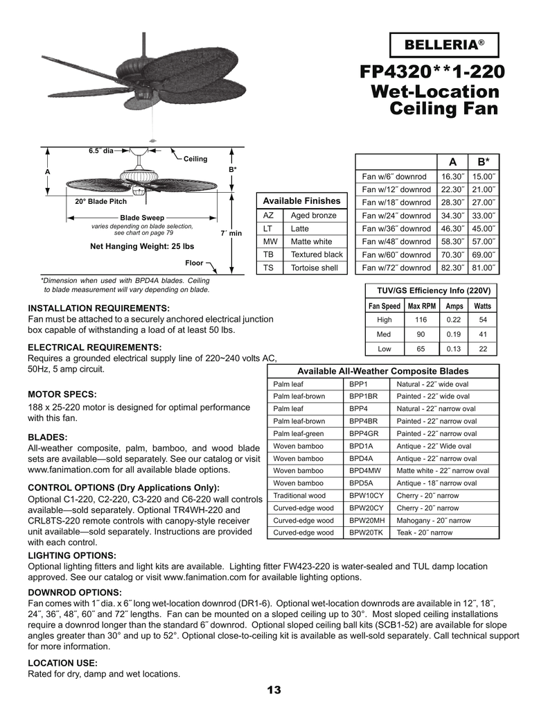 Fp4320 1 220 Wet Location Ceiling Fan Belleria Manualzz Com