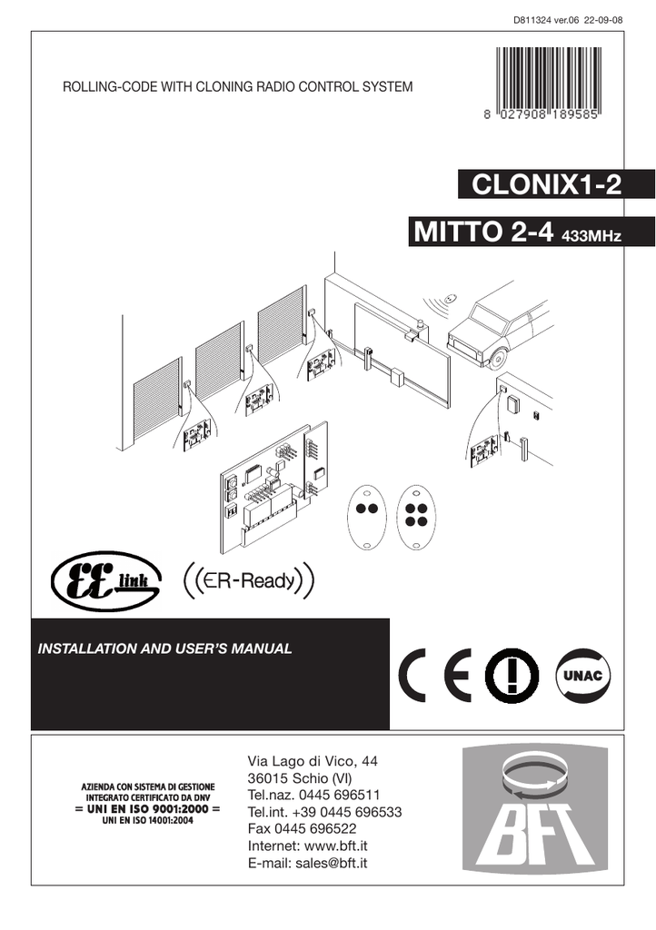 TRC transmitters BFT Clonix 2E receiver 433.92 MHz 12-24VAC/DC for MITTO KLEIO 