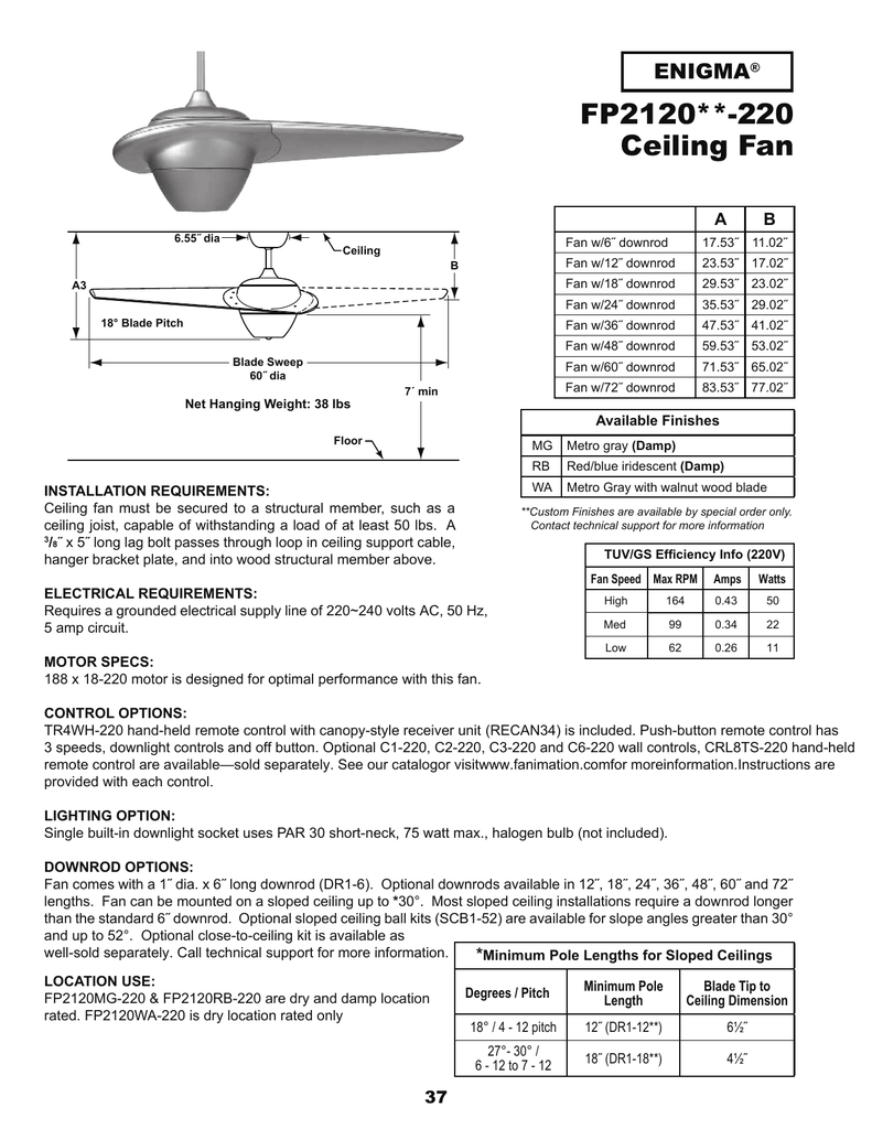 Fp2120 220 Ceiling Fan Enigma A Manualzz Com