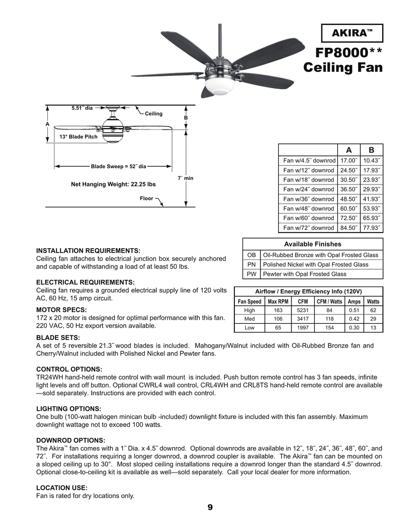 Fp8000 Ceiling Fan Akira A Manualzz Com