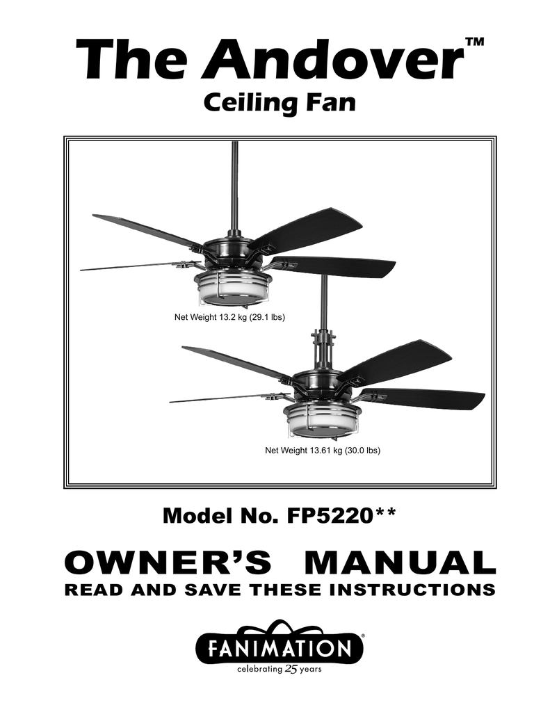 The Andover Owner S Manual Ceiling Fan Model No Fp5220