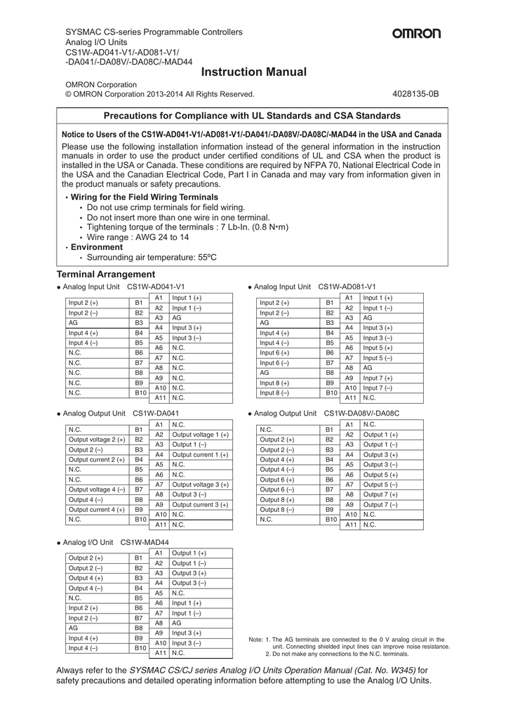 Sysmac Cs Series Programmable Controllers Analog I O Units Cs1w Ad041 V1 Ad081 V1 Da041 Da08v Da08c Mad44 Manualzz
