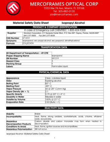 Material Safety Data Sheet Isopropyl Alcohol Product Amp Company Identification Manualzz