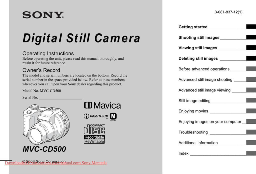 Owner reference. Sony Digital still Camera. Digital Camera manuals Disk. Web Digital Camera user Guide.