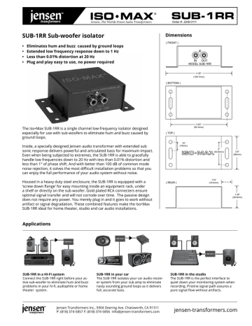 Jensen Transformers SUB-1RR Subwoofer Audio Hum/Noise Eliminator/Ground Isolator