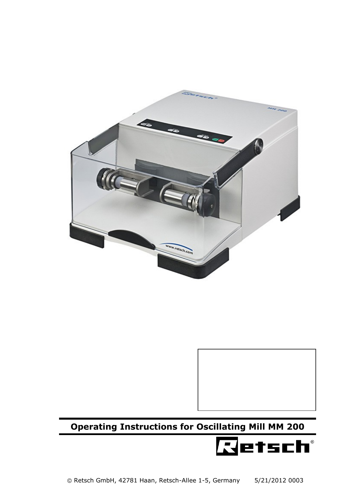 Operating Instructions for Oscillating Mill MM 200 Manualzz