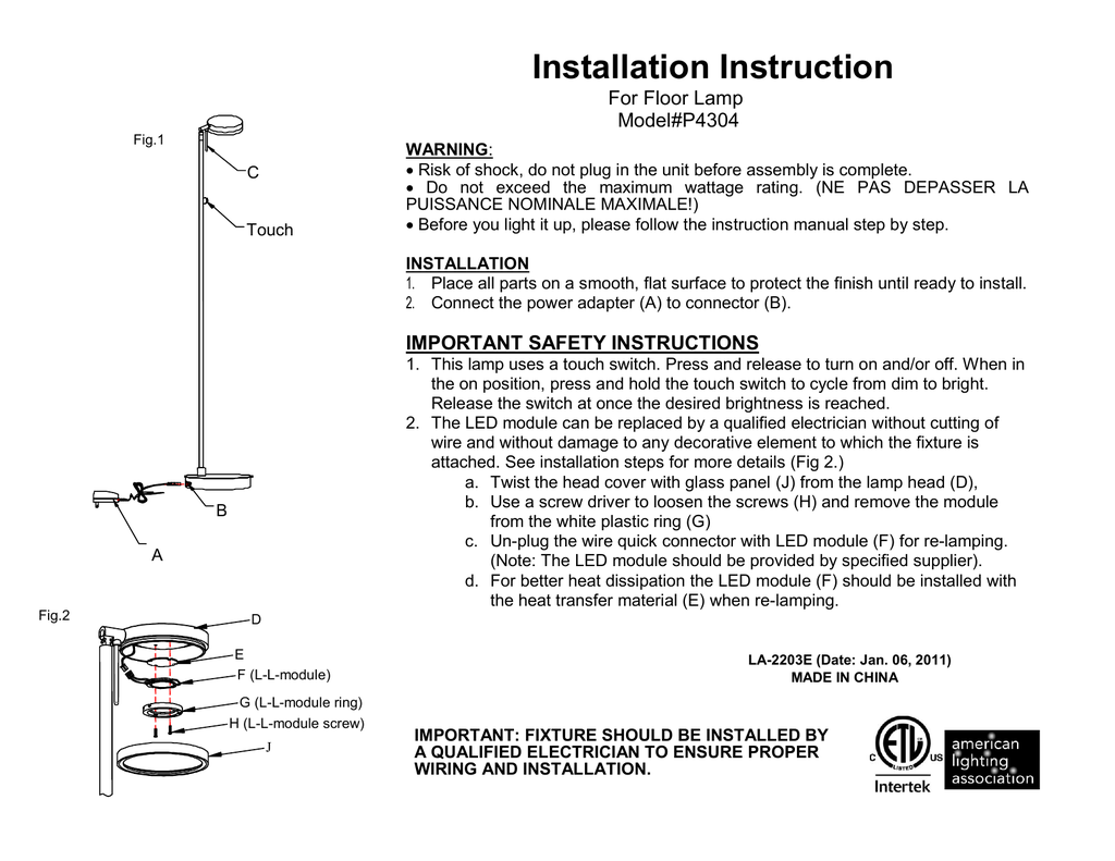 Installation Instruction For Floor Lamp Model P4304 Manualzz Com