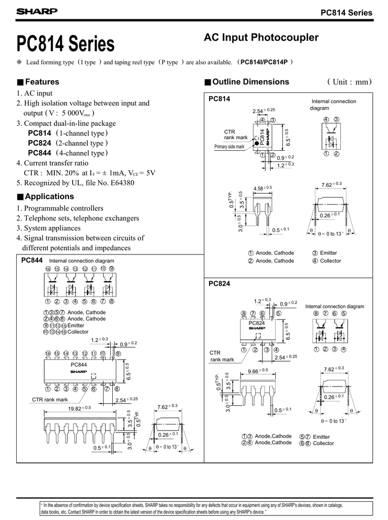 Pc814 Series Ac Input Photocoupler Features Outline Dimensions Manualzz