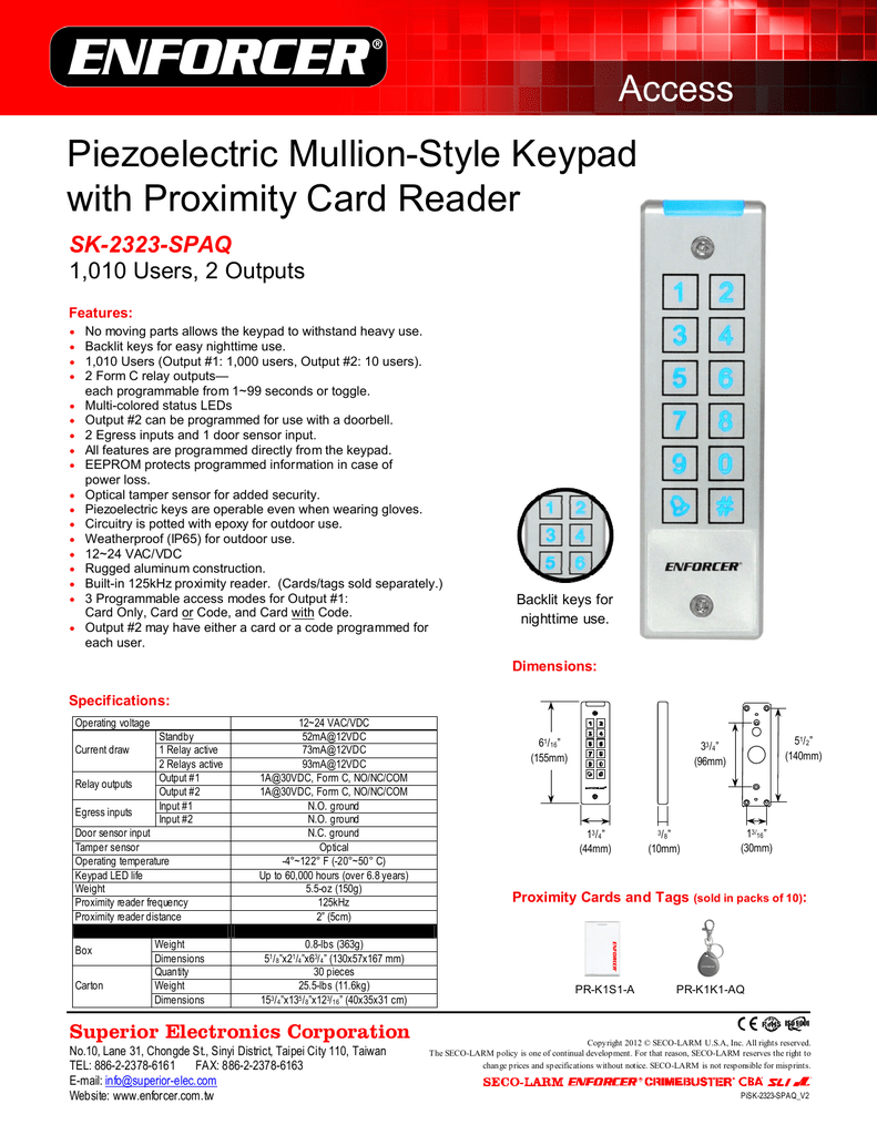 SECO KEYPAD MULLION 1010 CODE 2 RELAY PR