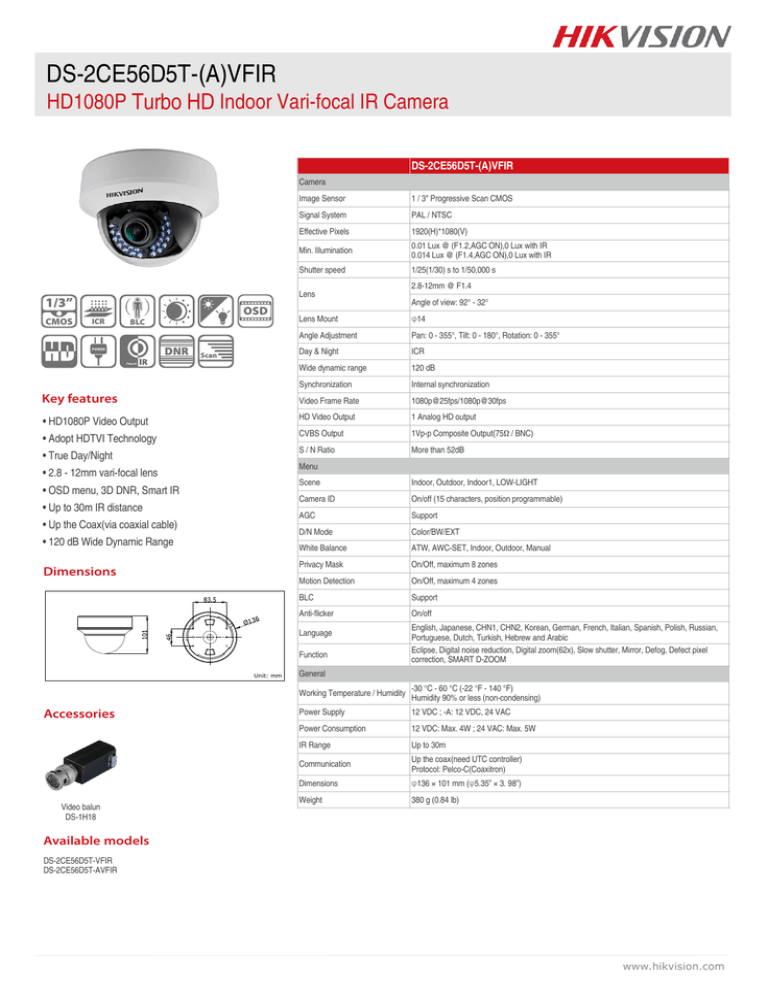 Download Hikvision Ds 2ce56d5t A Vfir Cctv Dome Cameras Datasheet Manualzz