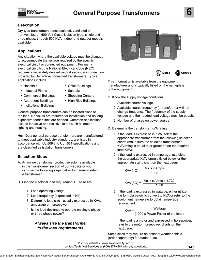 Dry Type Transformer Sizing Chart