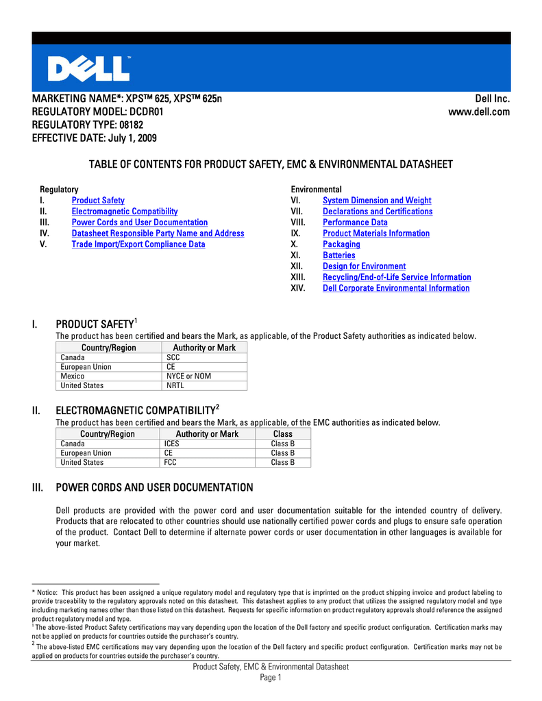 Marketing Name Xps 625 Xps 625n Dell Inc Regulatory Model Dcdr01 Www Dell Com Manualzz