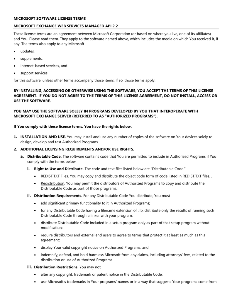 Microsoft License Terms Exchange Web Services Microsoft Exchange Web Services