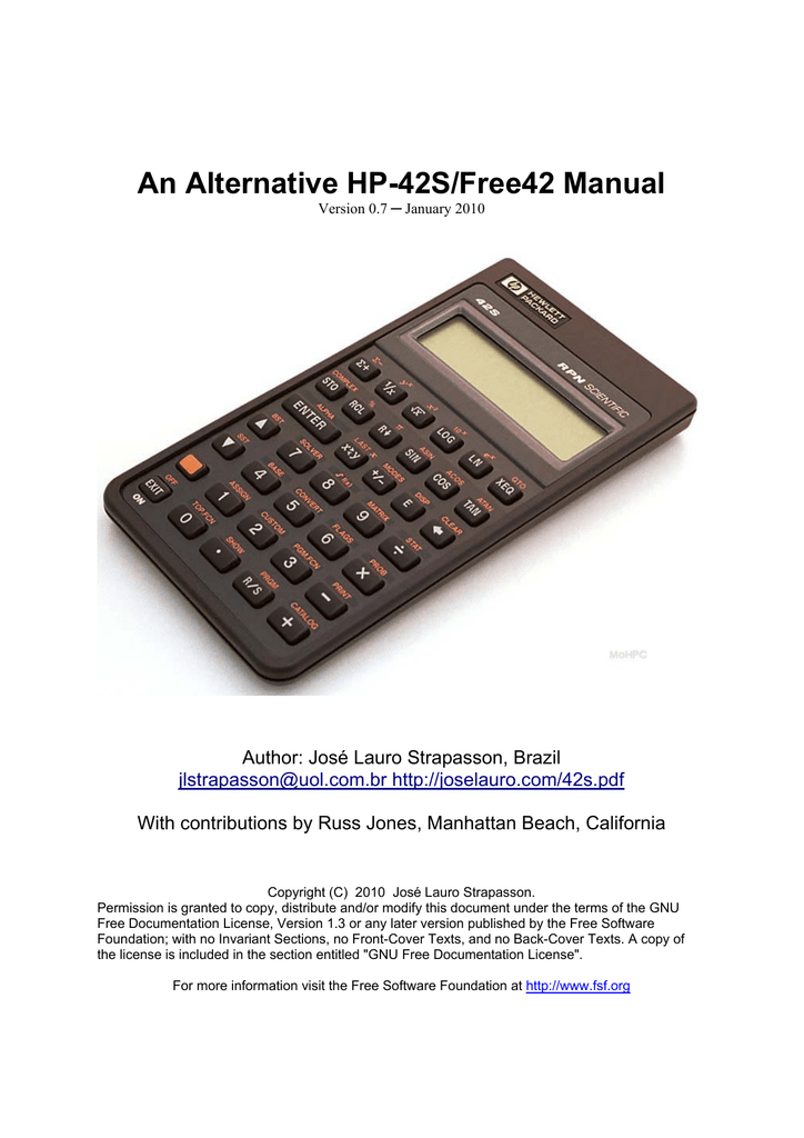 An Alternative Hp 42s Free42 Manual Author Jose Lauro Strapasson Brazil Manualzz