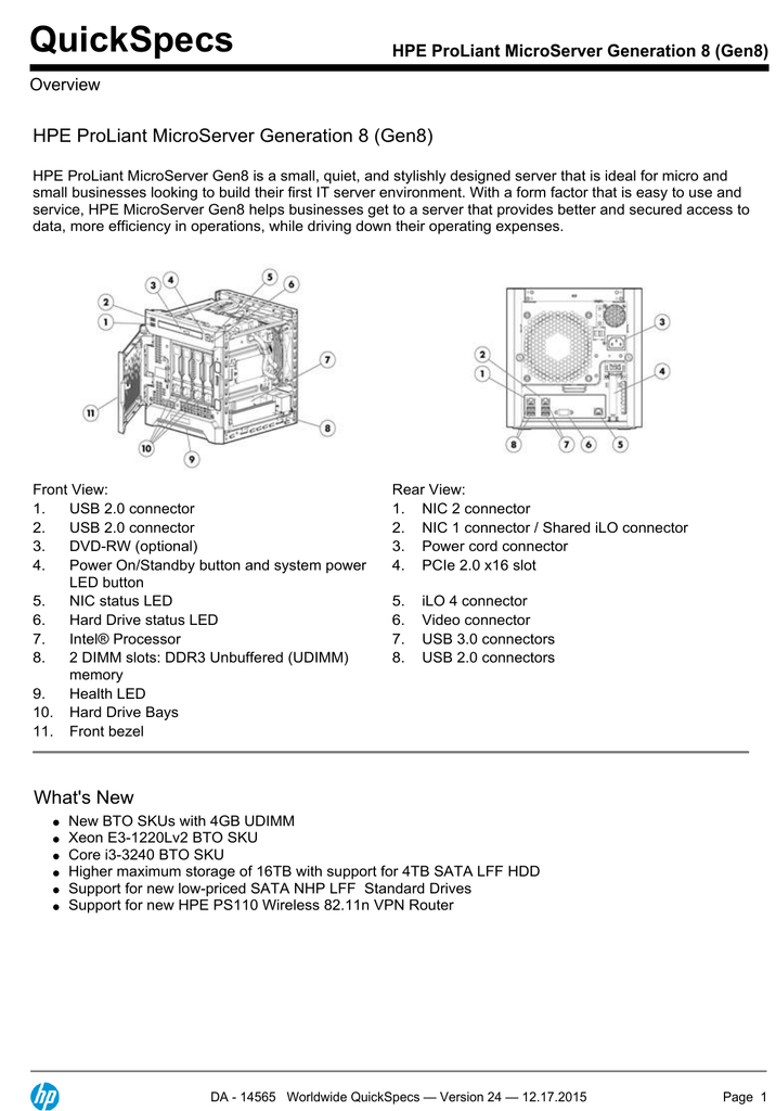 Quickspecs Hpe Proliant Microserver Generation 8 Gen8 Overview Manualzz
