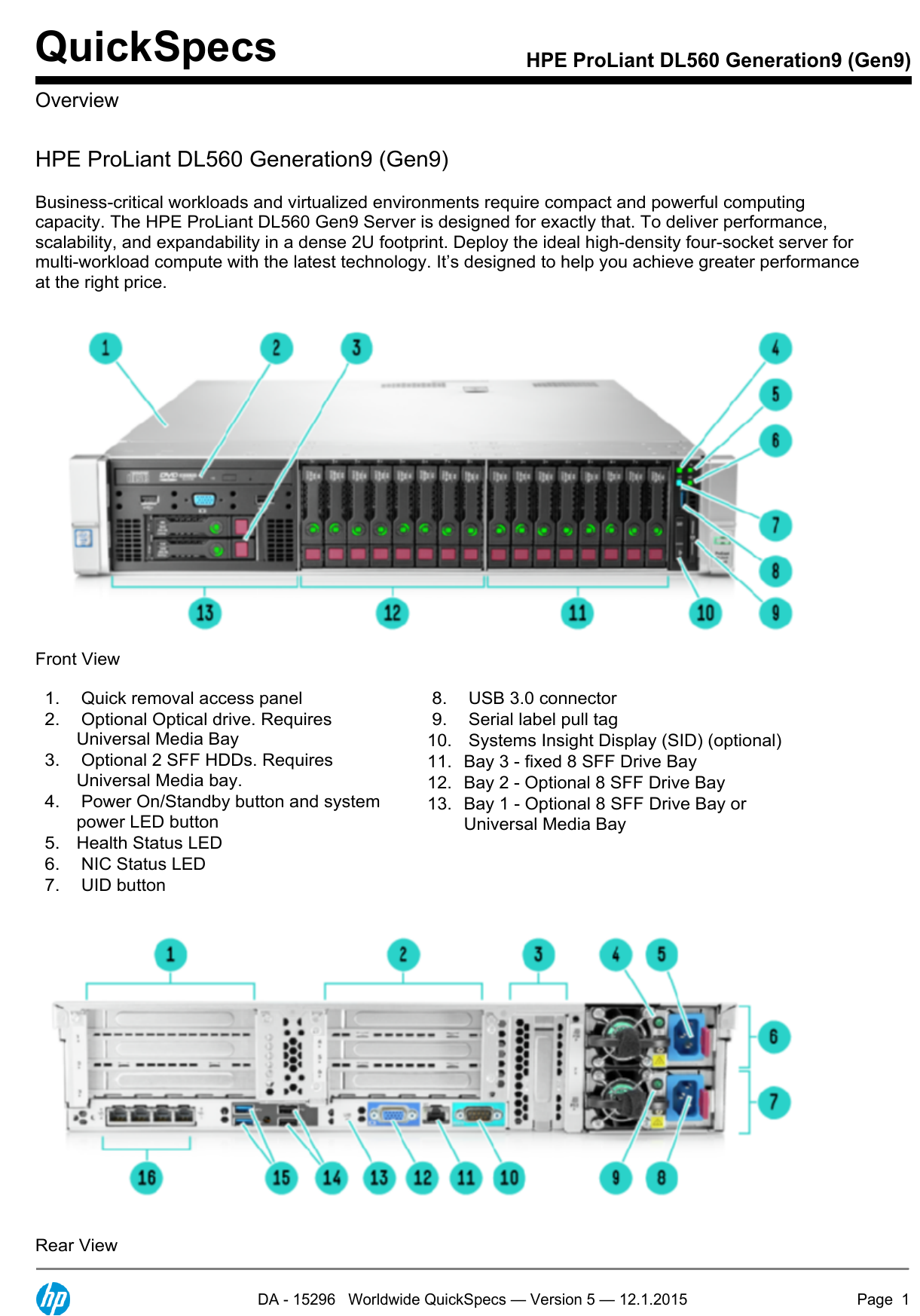 QuickSpecs HPE ProLiant DL560 Generation9 (Gen9) Overview Manualzz