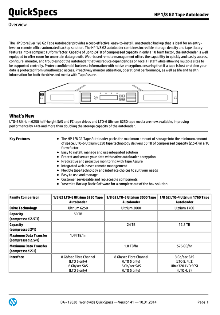 QuickSpecs HP 1/8 G2 Tape Autoloader Overview | Manualzz