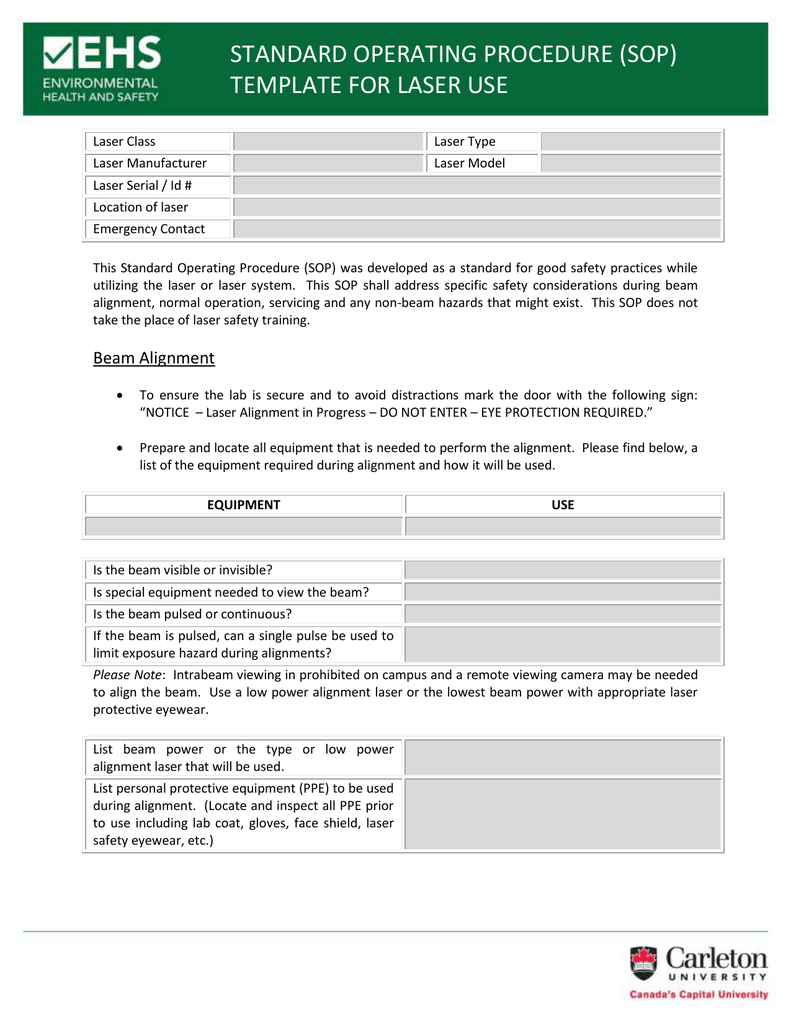 Standard Operating Procedure Sop Template For Laser Use Manualzz