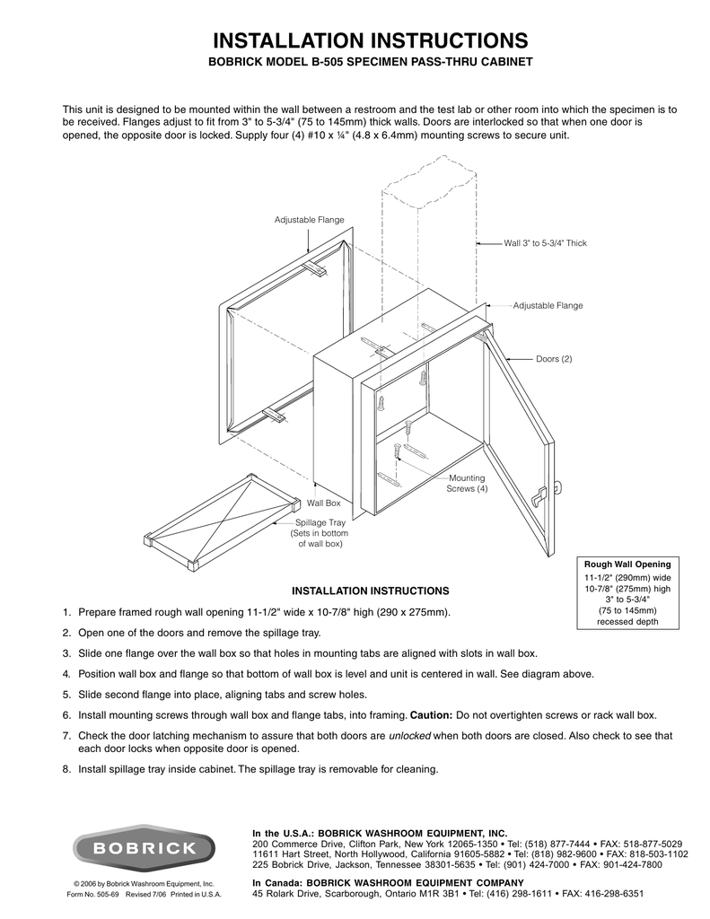 INSTALLATION INSTRUCTIONS BOBRICK MODEL B-505 SPECIMEN PASS-THRU ...