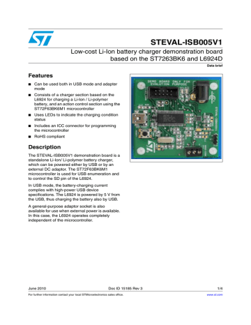 STEVAL-ISB005V1 Low-cost Li-Ion battery charger demonstration board Features | Manualzz