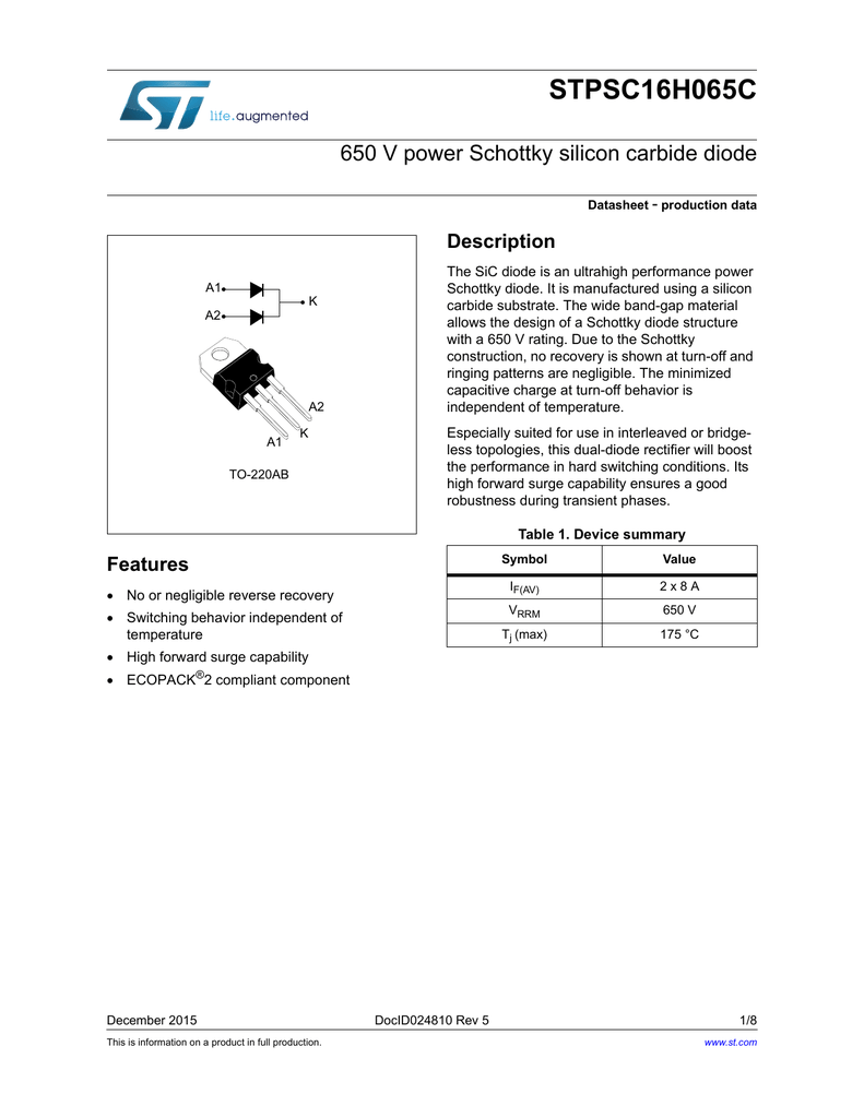 Stpsc16h065c 650 V Power Schottky Silicon Carbide Diode Description Manualzz