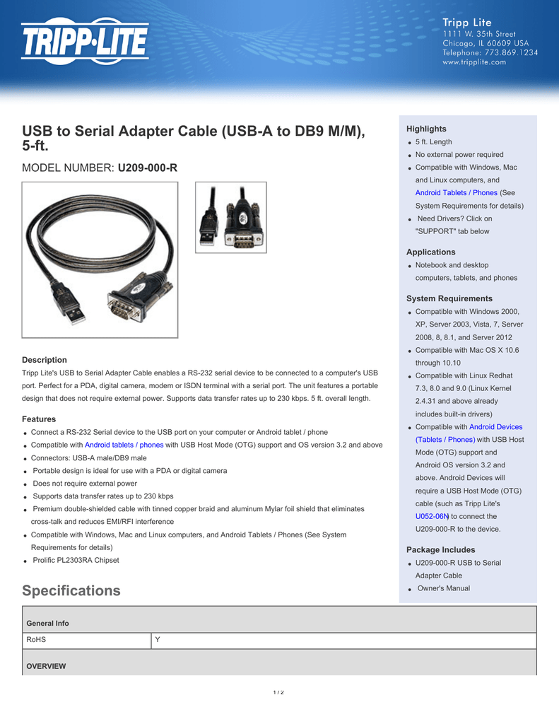 Tripp Lite Usb To Rs232 Serial Adapter Cable Usb-a To Db25 Db9 M//m 5/' 5ft For