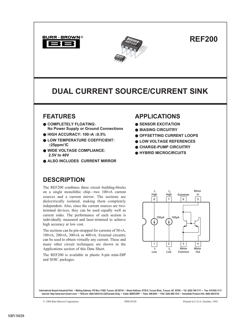 Ref200 Dual Current Source Current Sink Features