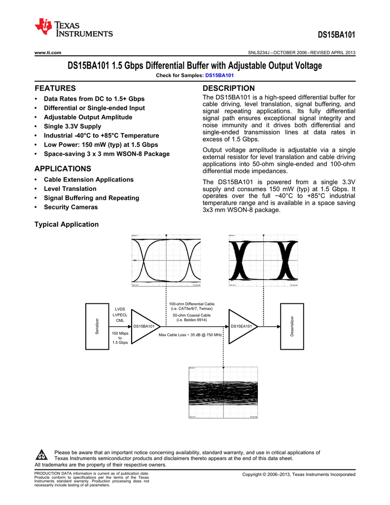 DS15BA101 1.5 Gbps Differential Buffer with Adjustable Output Voltage