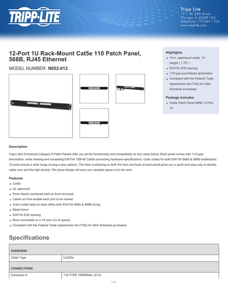 Tripp Lite N052-024 Cat5e Patch Panel 568B 24port N052-024