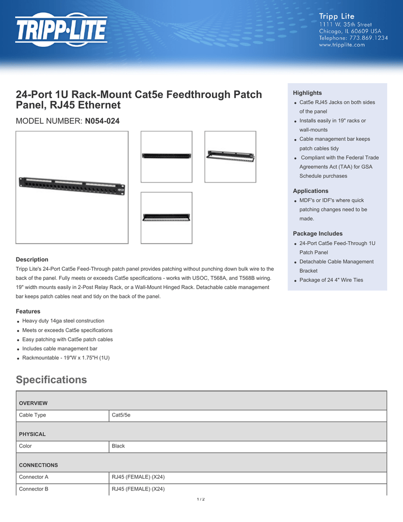 RJ45 Ethernet N054-024 Tripp Lite 24-Port 1U Rackmount Cat5e Feedthrough Patch Panel