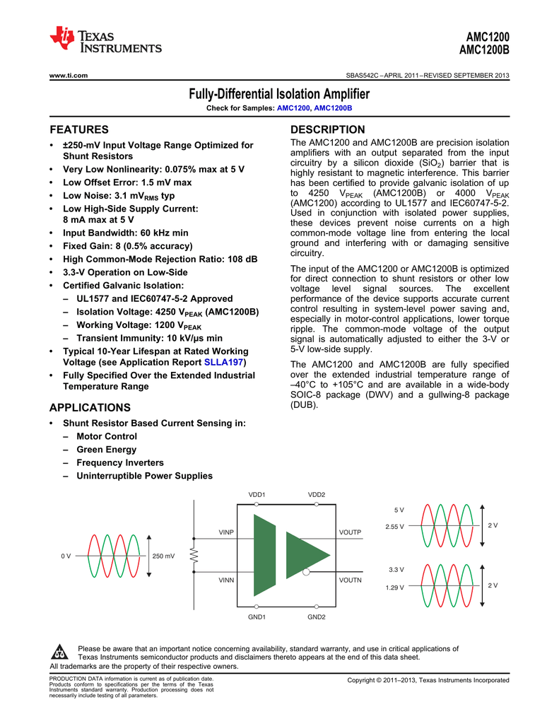 Fully-Differential Isolation Amplifier AMC1200 AMC1200B FEATURES | Manualzz