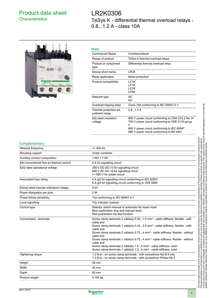 Schneider LR2K0306 TeSys K class 10A differential thermal overload